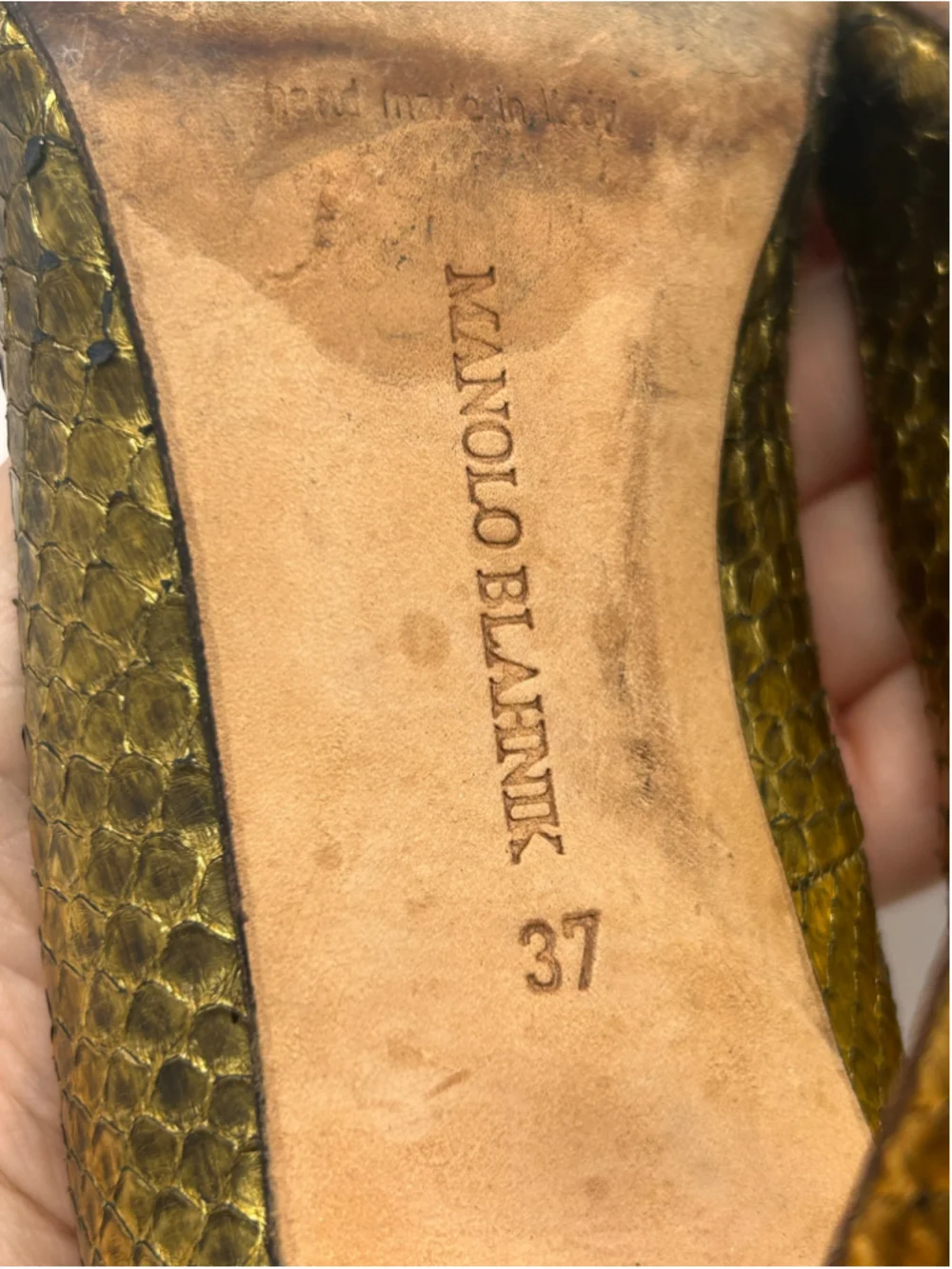 Manolo Blahnik BB Gold Metallic Snakeskin Embossed Pumps Heels 37